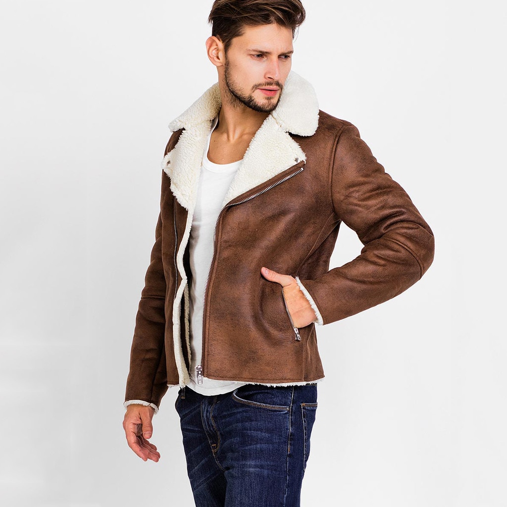 Herre læderjakker efterår vinter varm pels liner lynlås revers læder lynlås outwear frakke kausal herre toppe bluse