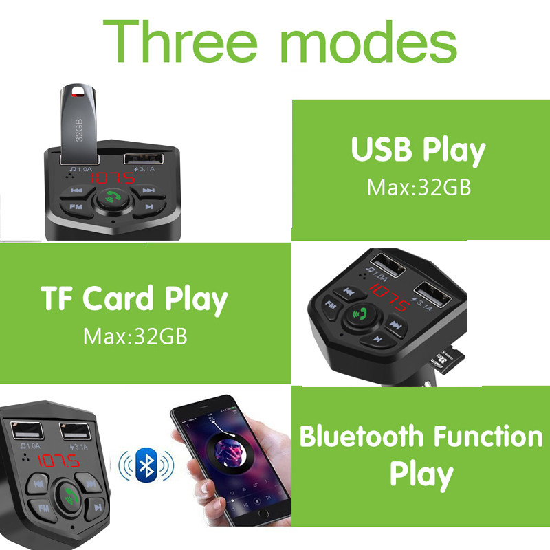 Bluetooth 5.0 håndfri bilsæt fm sender 3.1a hurtig dobbelt usb oplader lcd digital voltmeter tf-kort u disk aux-afspiller