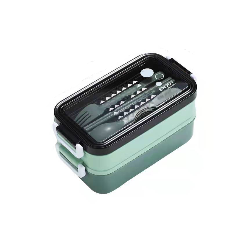 1pc x 1400ml dobbeltlags madkasser, bærbare rum, madkasser, mikrobølgeovn, madkasse med gaffel, spisepinde og ske, picnic, frisk: Grøn