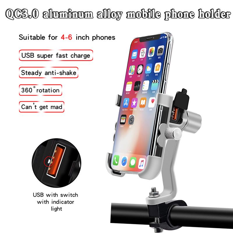 Universal telefonhållare  qc 3.0 för motorcykel usb-laddare vattentät motorcykel mobiltelefonfäste strömadapter spegelfäste: Silver-