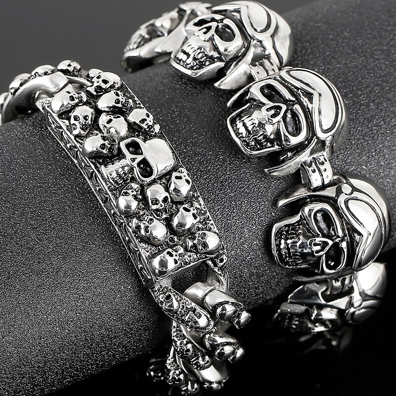 Punk Felsen Totenkopf Armbinde Herren - Titan Stahl Skelett Armreif - Radfahrer Kette Schmuck