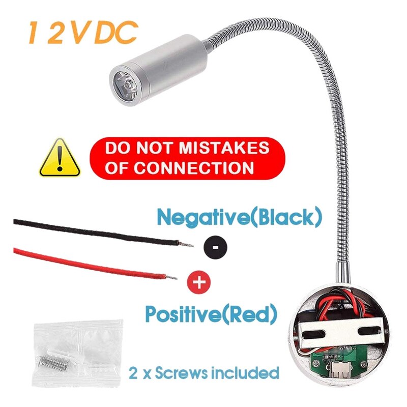 2 Stuks Dc 12V Leeslamp Met Usb Poort Opladen, Rv Interieur Verlichting, flexibele Led Armaturen (Zilver)
