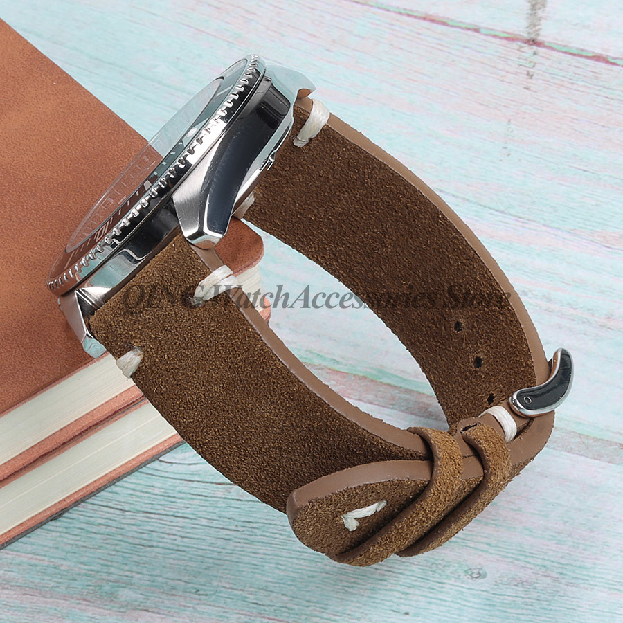 Suède stiksels lederen horlogeband 18mm 20mm 22mm Quick Release Vintage armband blauw bruin horlogeband vervanging: BLACK WHITE / 20mm