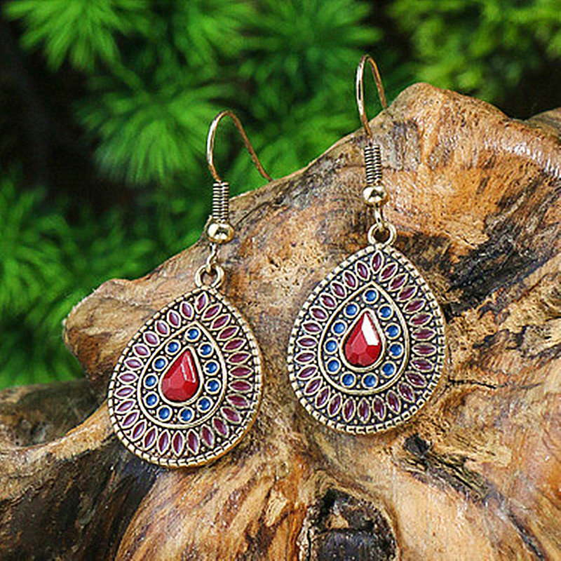 Pendientes de gota de agua de aleación étnica bohemia para mujer, pendientes colgantes de aceite de gota Multicolor Retro, joyería para diaria y vacaciones: Azul de zinc