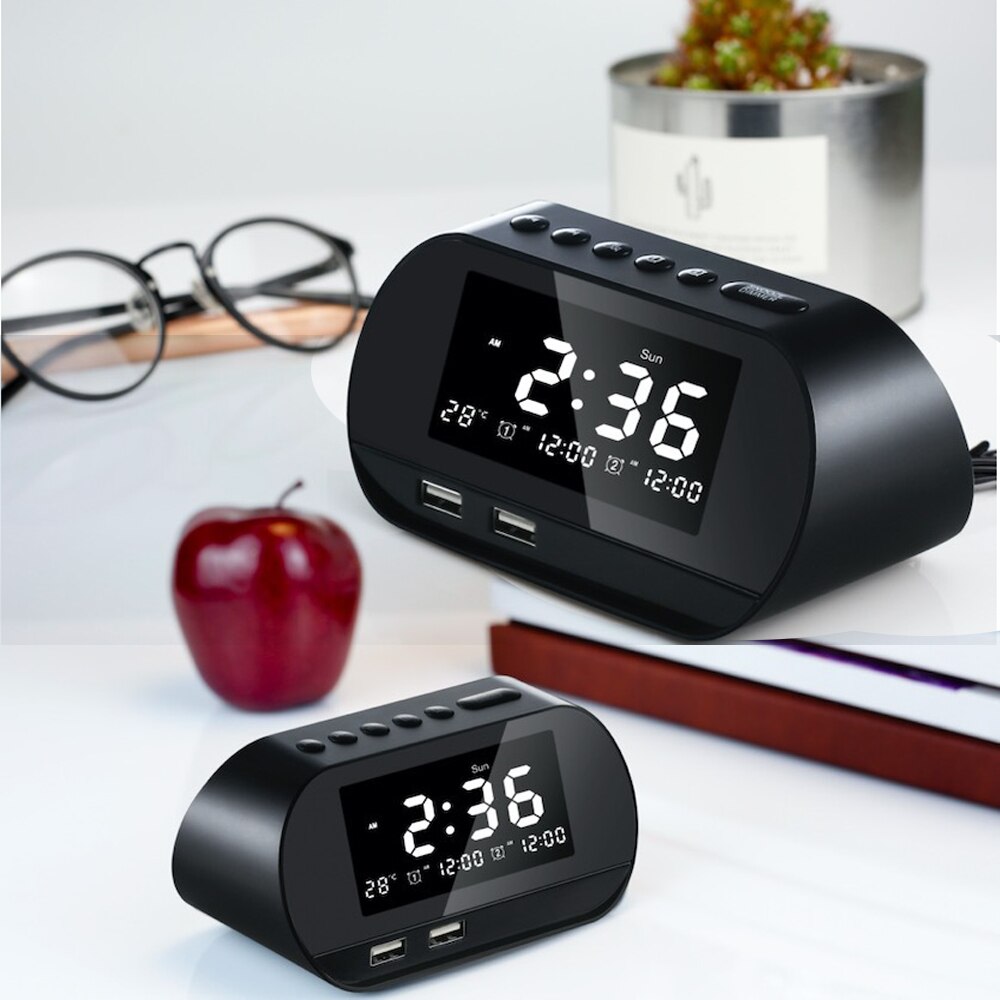 T2 Dual USB Charging Alarm Clock White Smart Wireless Radio LCD Calendar Temperature Display for Bedroom Desktop