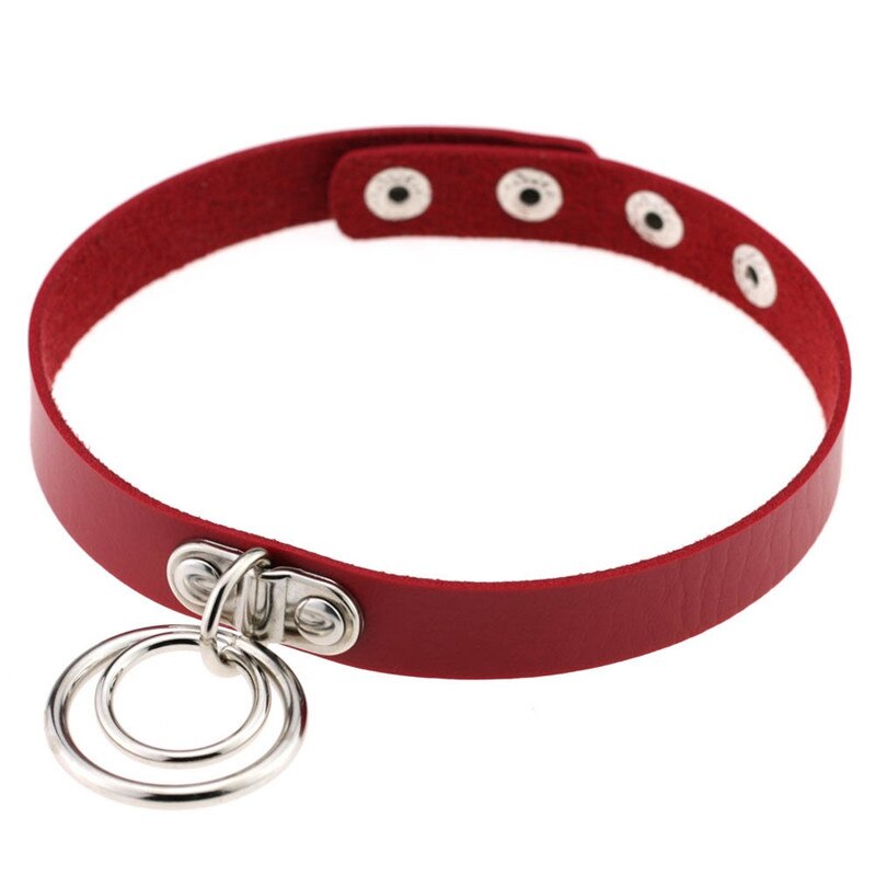 Popular Choker Collar Necklace Double Ring O Leather Gothic Bracelet Women: Red