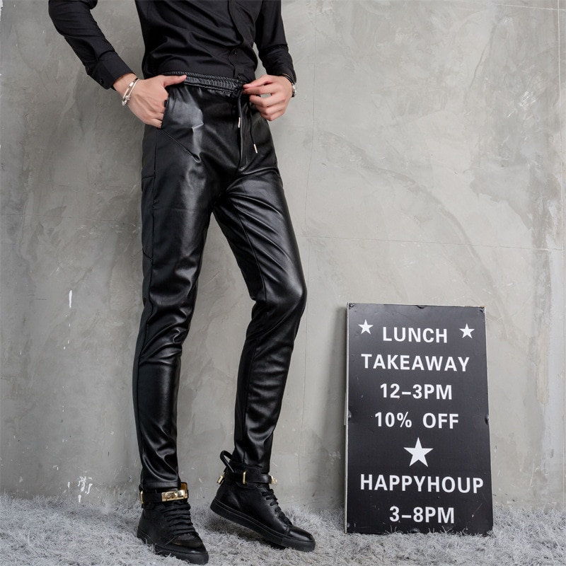 Heren herfst en winter casual leren broek heren zwarte elastische elastische taille voeten broek waterdichte pu leren broek