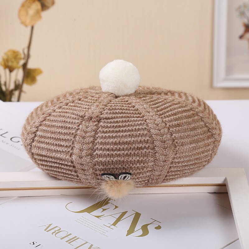 Dames hoeden en petten baret hoed muts dames herfst winter warme muts muts femme bontbal konijn wollen gebreide muts: Khaki