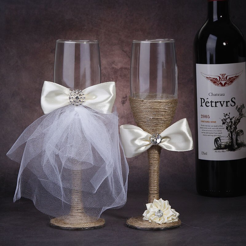 2 st set bröllopsglas linne kristall bröllop champagneglas spetsklänning bägare rödvin glas kopp bröllopsdekoration