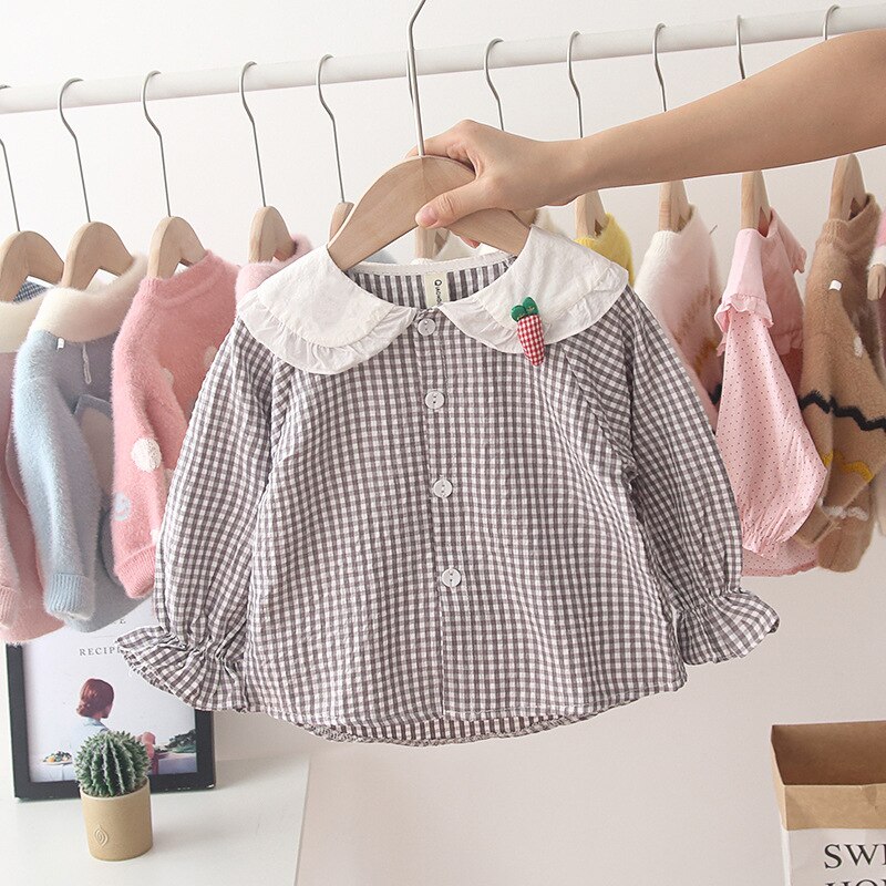 Otoño bebé niñas manga larga dibujos animados conejo solapa Collar Plaid blusa Tops niños camisas rupas de bebe