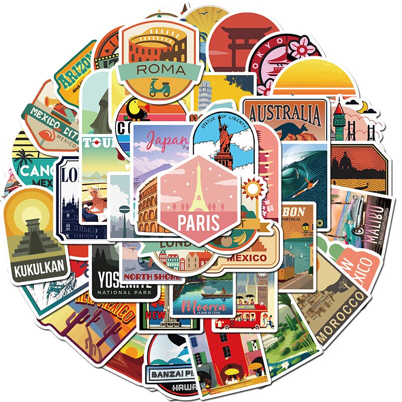 Pegatinas de paisaje de Ciudad de viaje Global, calcomanía de vinilo para papelería, álbum de recortes, PS4, monopatín, portátil, guitarra, 50 Uds.