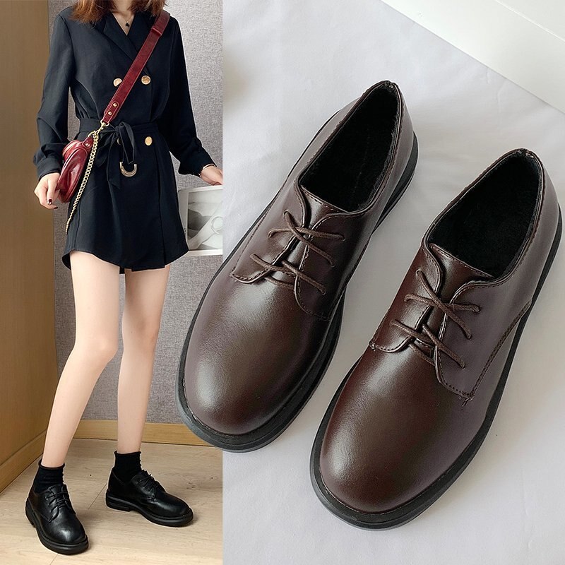 Zapatos Oxford para mujer, calzado de cuero negro liso con cordones, suela gruesa, informales, planos, talla grande, novedad, Otoño e Invierno