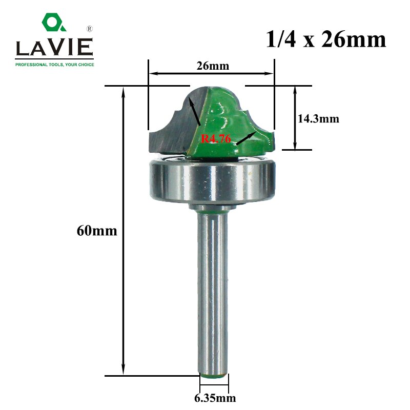 LAVIE-broca de rodamiento de línea de madera, cortador de fresado para tallado de madera, 6,35mm, vástago doble, Ogee romano, 1 ud., MC01180: 26mm