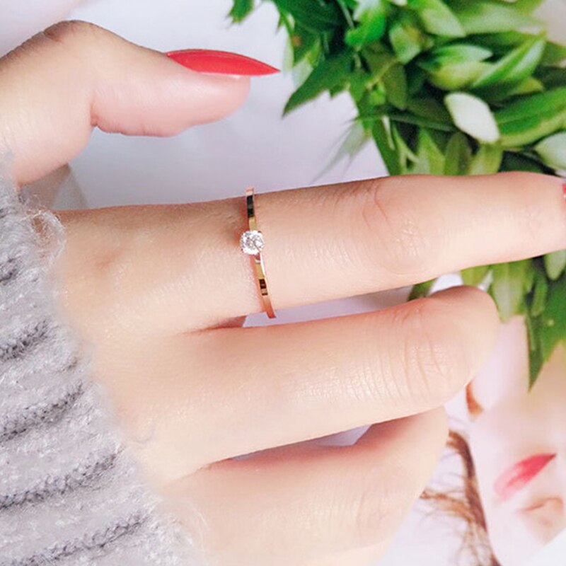 ZN Edelstahl Rose Gold Farbe Kleine Weiß Kristall Hochzeit Ring Minimalis Einzelne Zirkon Stapeln Dünne Ringe Für Frauen