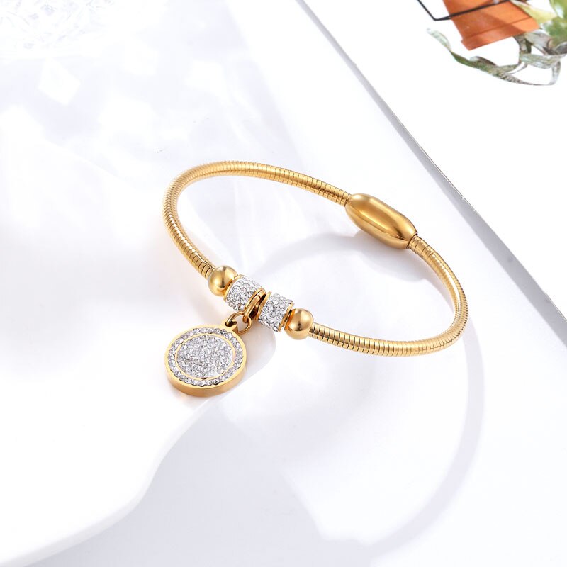 Beautiful Full Zircon Circle Charm Bracelet Bangle For Women Stainless Steel Magnet Clasp With Snake Chain Gold Plating Bangle