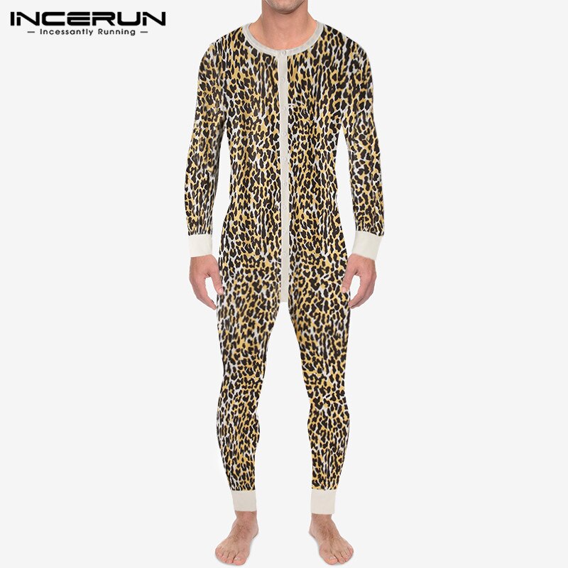 INCERUN Men Pajamas Jumpsuit Leopard Print Long Sleeve O Neck Fitness Leisure Homewear Rompers Cozy Men Overalls Nightwear