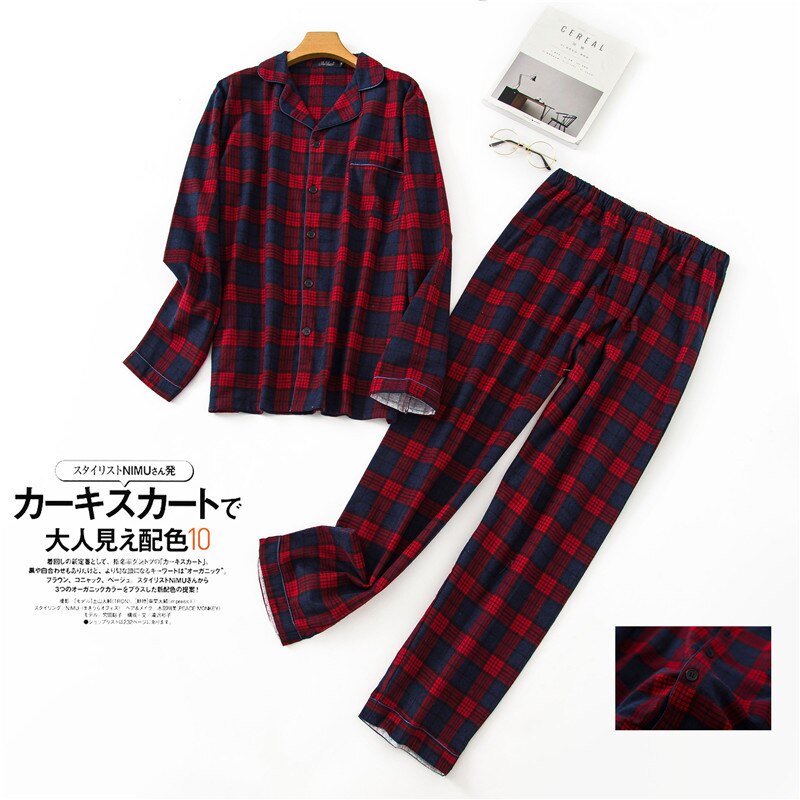 Cotton Pajamas-Sets Men Autumn Long-sleeved Trousers Pijama Suits Blue Plaid Sleepwear Winter Soft Velvet Clothing: Red Plaid as chart / XL