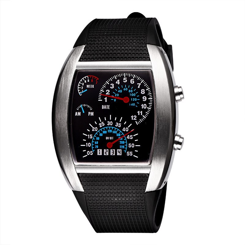 Flash azul LED Turbo RPM para hombre, reloj de Dial para coche deportivo, negro completo, de acero inoxidable, rectangular, medidor de aire: Silver Case Black