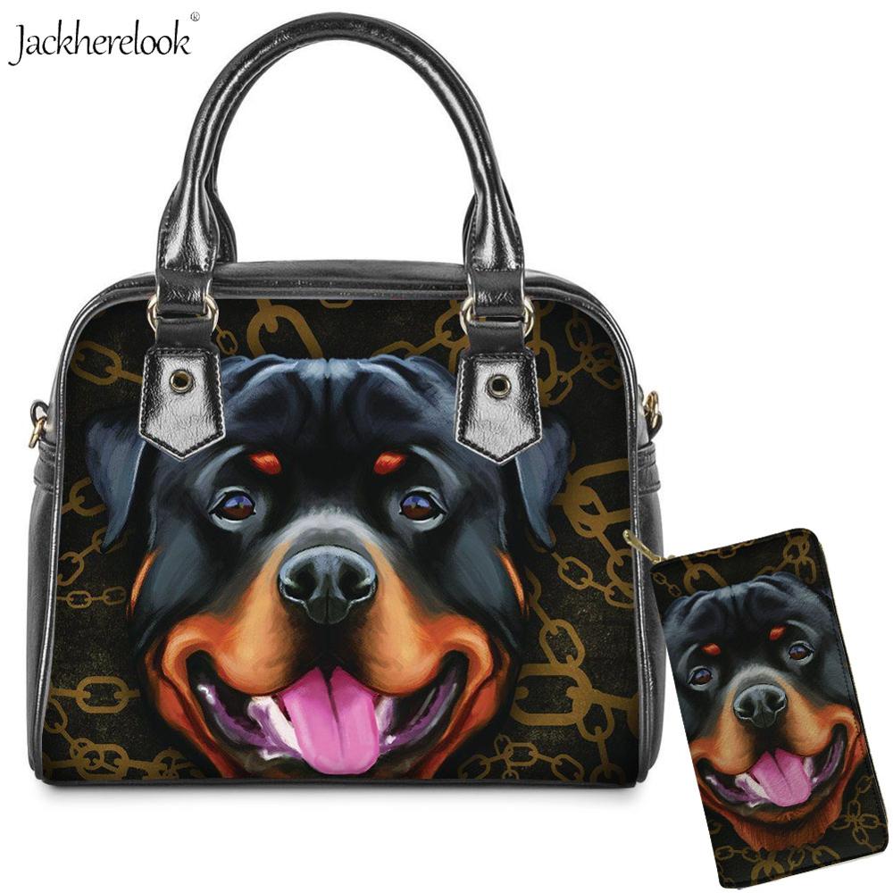 Jackherelook torba na ramię ze skóry pu dla pani 2 sztuk/zestaw Rottweiler pies Pet torba czarny nadruk zwierzęta torebki i portfel: HX637DL-Z21