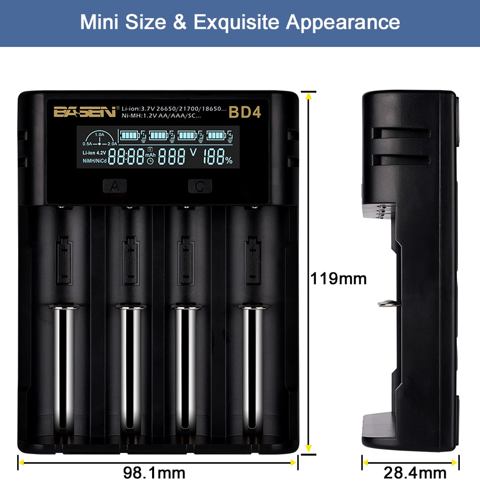 BASEN BD4 18650 Battery Charger for 3.7V/1.2V 26650 21700 AA/AAA 18650 NiMH li-ion battery Smart Charger with 5V/2A Plug