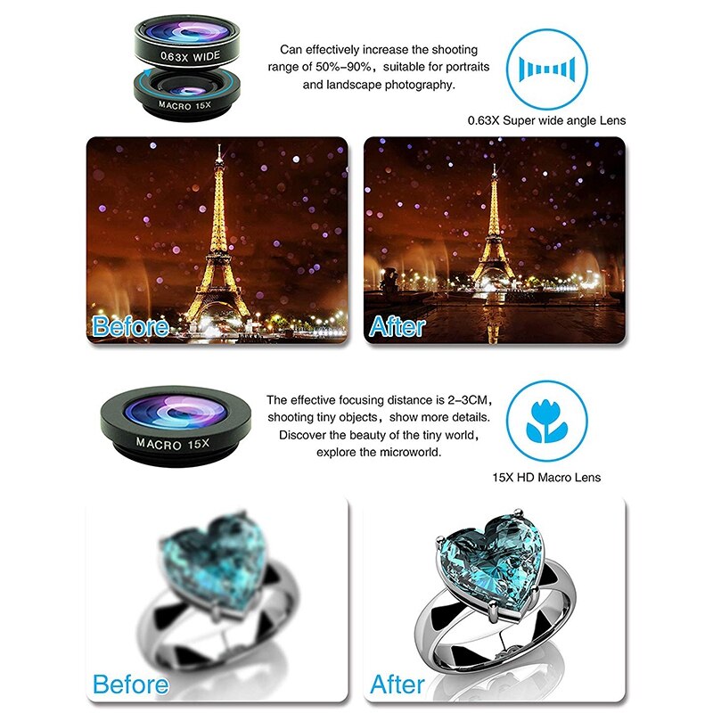 Lente de cámara de teléfono 7 en 1 ojo de pez ancho-ángulo Macro aumento de distancia polarización caleidoscopio 7 en 1 Set
