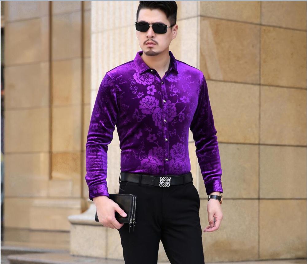 Heren fluwelen overhemd herfst & winter heren bloemen fluwelen overhemd lange mouw heren casual gouden fluwelen overhemden: Lavendel / M