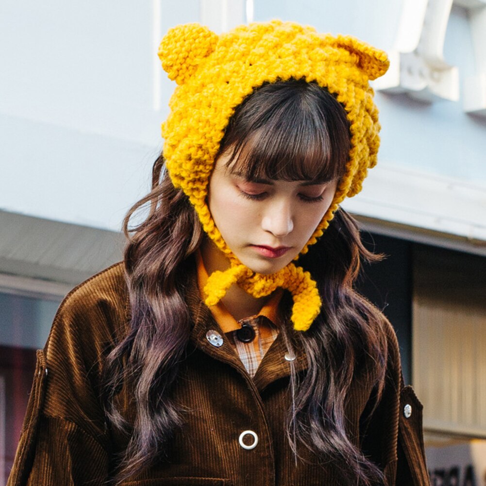 Kvinde vinter uld øreværn strikket sød hue huer kalot vinter varm foret bløde behagelige hatte: Gul