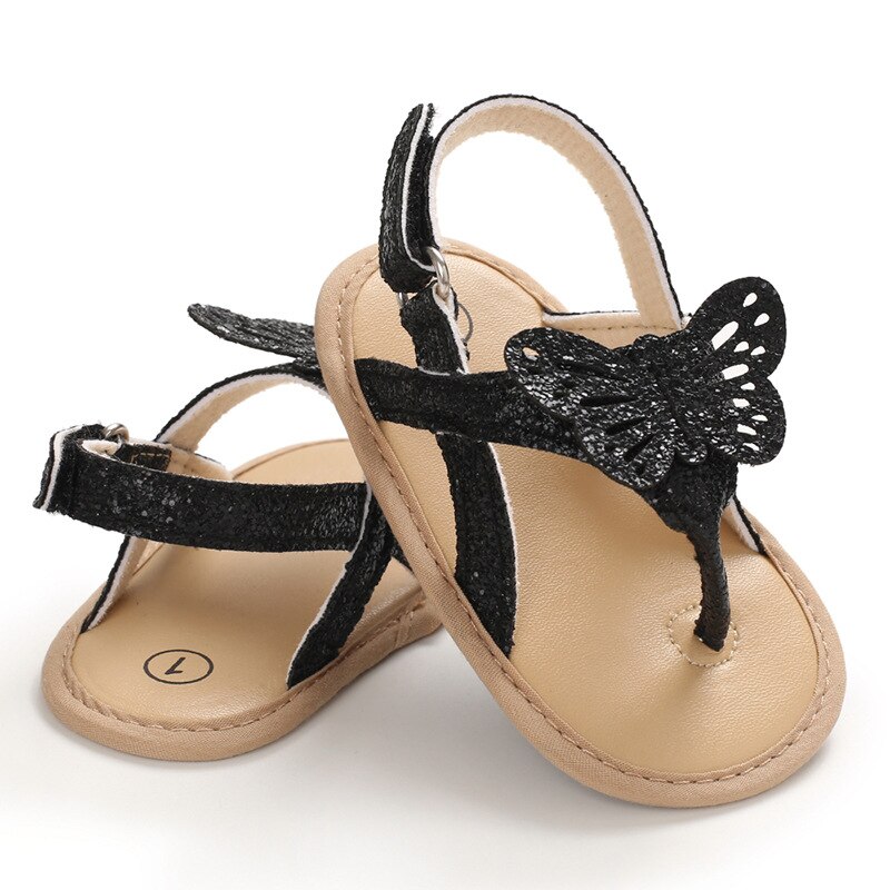 Sandales souples pour bébés filles et garçons de 0 à 18 mois, chaussures d'été décontractées et scintillantes avec papillon, 3 couleurs: Black / 0-6 mois