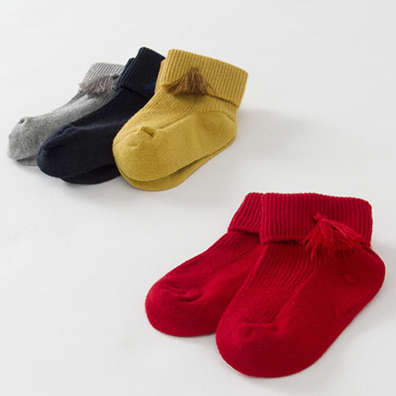 4 Paare/los Komfortable Reiner Baumwolle Neugeborenen Socken Quaste Kinder Mädchen Socken Ankle Sox Rot, grau, gelb, Navy: M