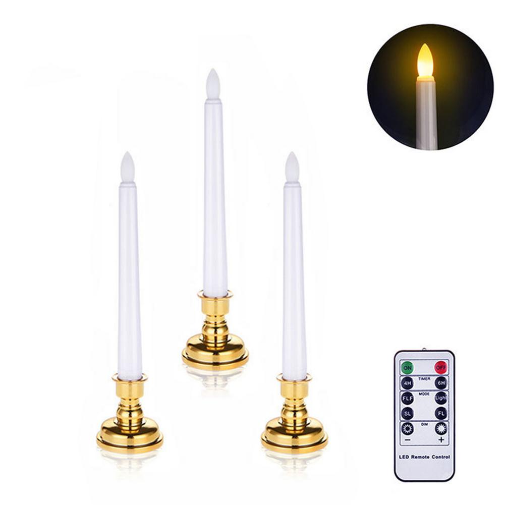Pack Of 3 LED Candles Remote Control Light Flickering Remote LED Candles Remote Taper Candles With Gold Holders For Dinner: Default Title