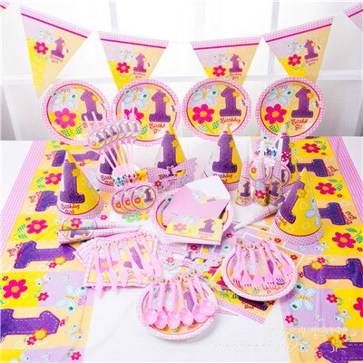 Baby Party Supplies Set 6 Servings 1 Year Old Flower Theme Birthday Party Supplies Set Baby Girls Party Supplies: Default Title