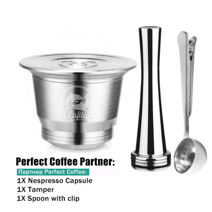 Rvs Nespresso Koffie Filter Herbruikbare Capsule + Roestvrij Coffeetamper + Multifunctionele Metalen Koffielepel Met Clip