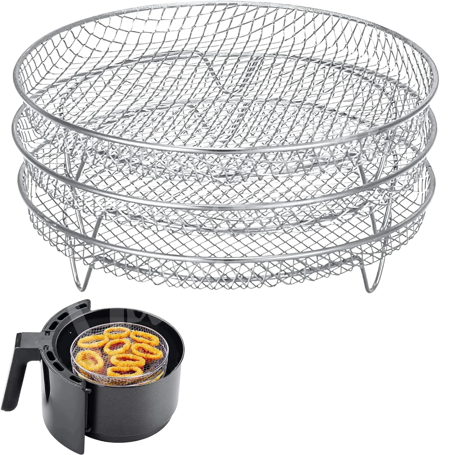 Tres freidoras de aire apilables, bandeja de cesta de acero inoxidable, estantes para hornos, accesorios para freidora de aire, utensilios de cocina, herramientas para hornear: Grey