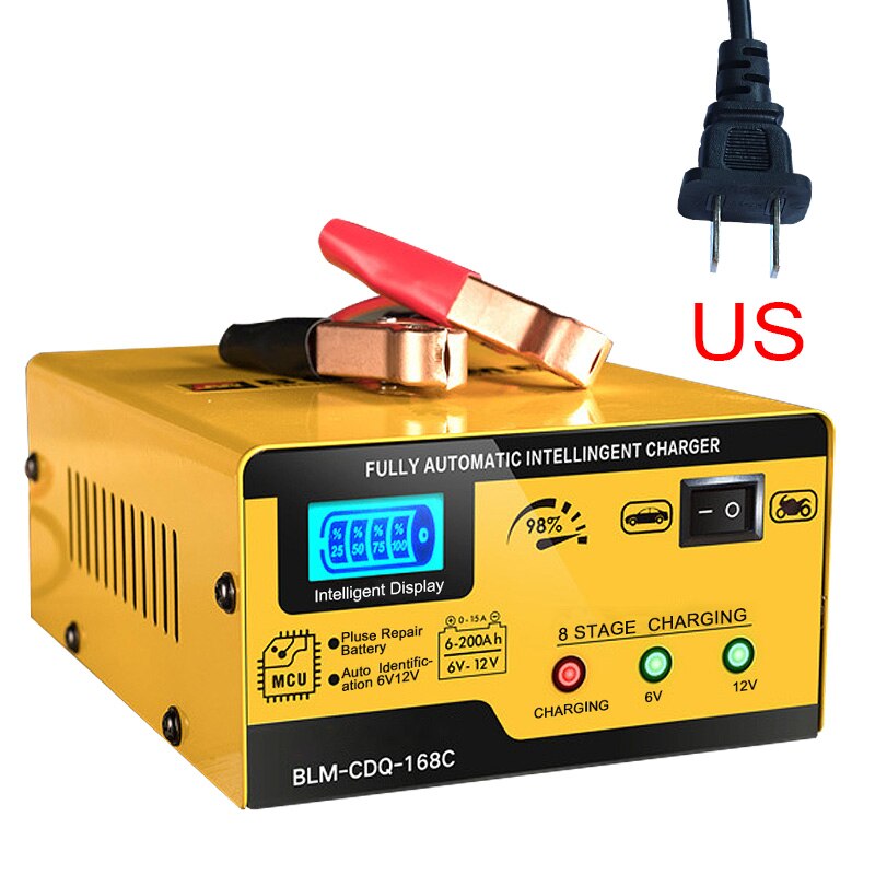 Batería de coche de 6V 12V Charger15A AGM, reparación inteligente de pulso de batería de arranque 200AH para coche, motocicleta, plomo ácido Agm, Gel húmedo: Yellow-US