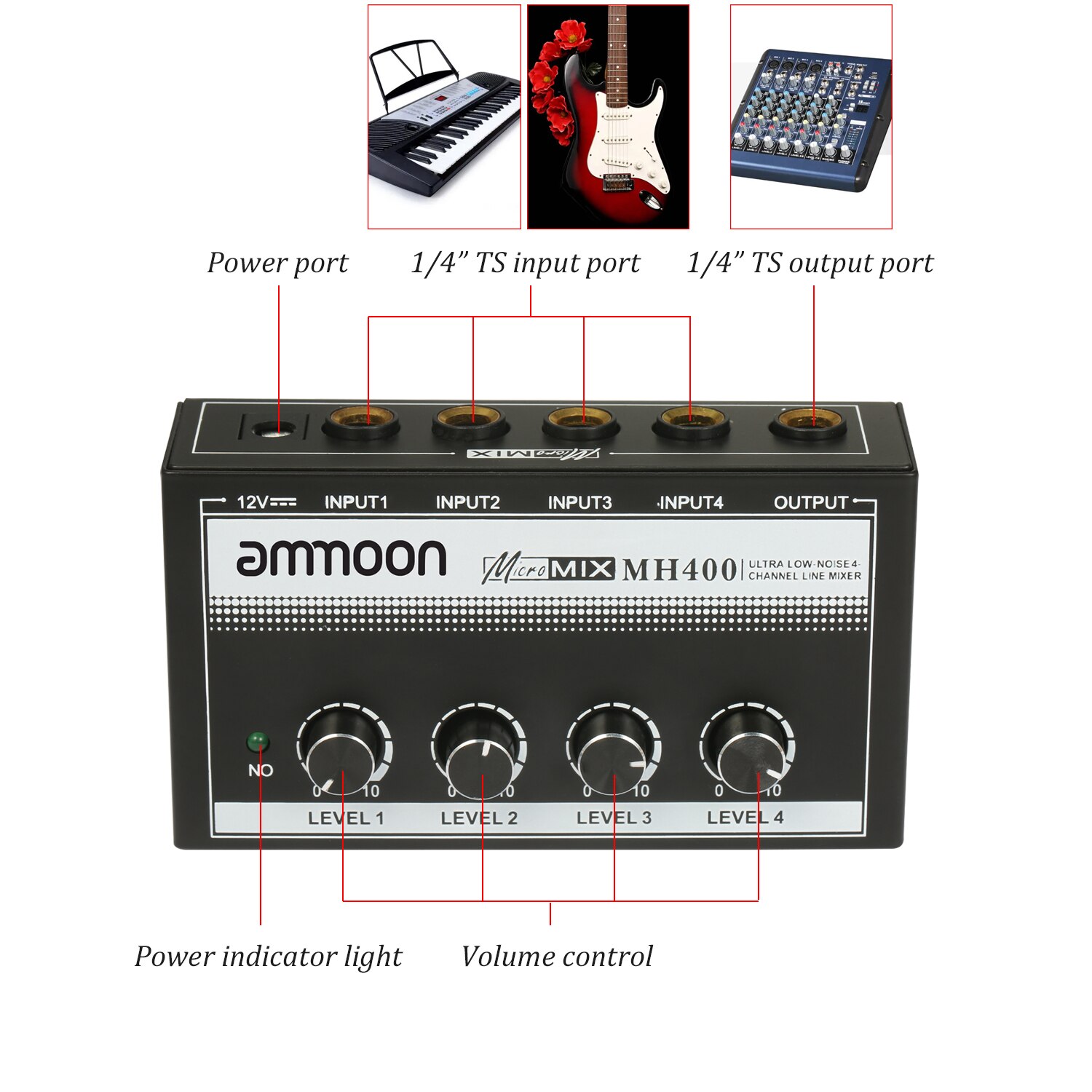 Ammoon MH400 miscelatore Audio a 4 canali a bassissimo rumore mini miscelatore Audio con ingressi TS da 1/4 pollici e controllo del volume di uscita per chitarra
