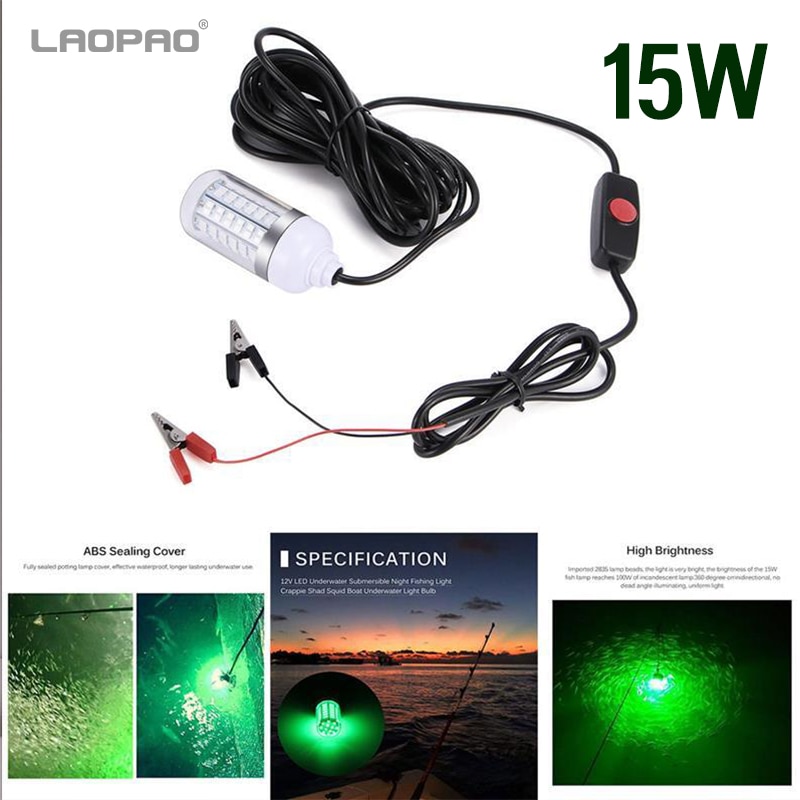 12V 30W/15W Vissen Licht Led Onderwater Vissen Licht IP68 2835 Lokt Vis Finder Lamp Trekt garnalen Inktvis Krill Groen Laopao