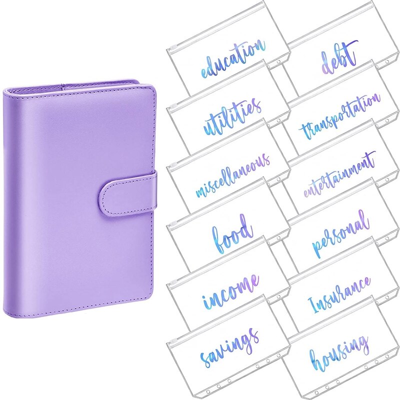 A6 PU Leather Notebook Magnetic Personal Planning Binder with 12 Binder Pockets Binder Zipper Folder for Bill Planner: Purple