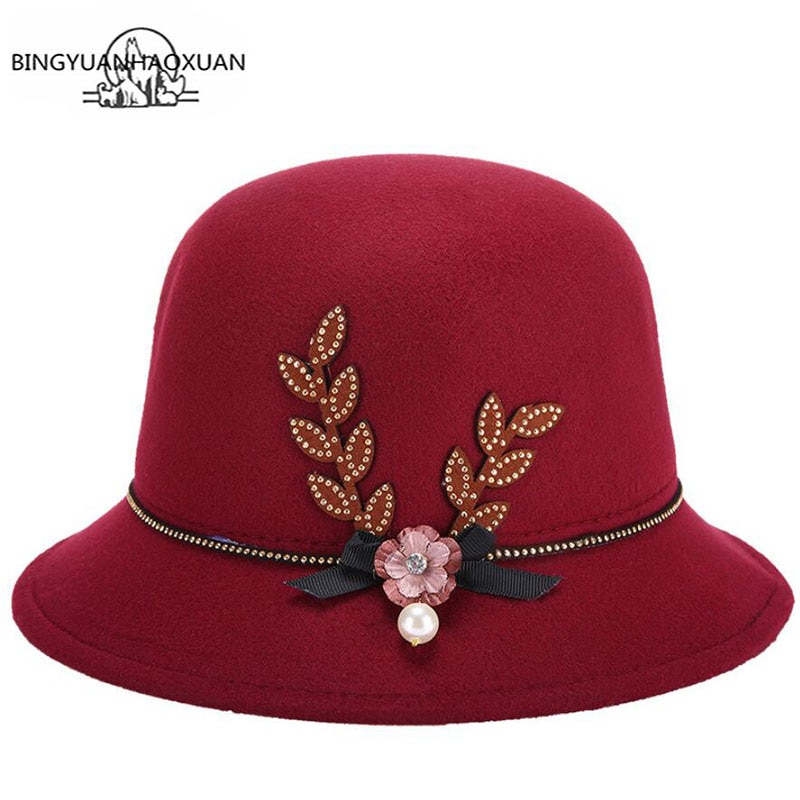 BINGYUANHAOXUAN kobiety zimowe jazzowy kapelusz czuł imitacja wełny proste jednolity kolor