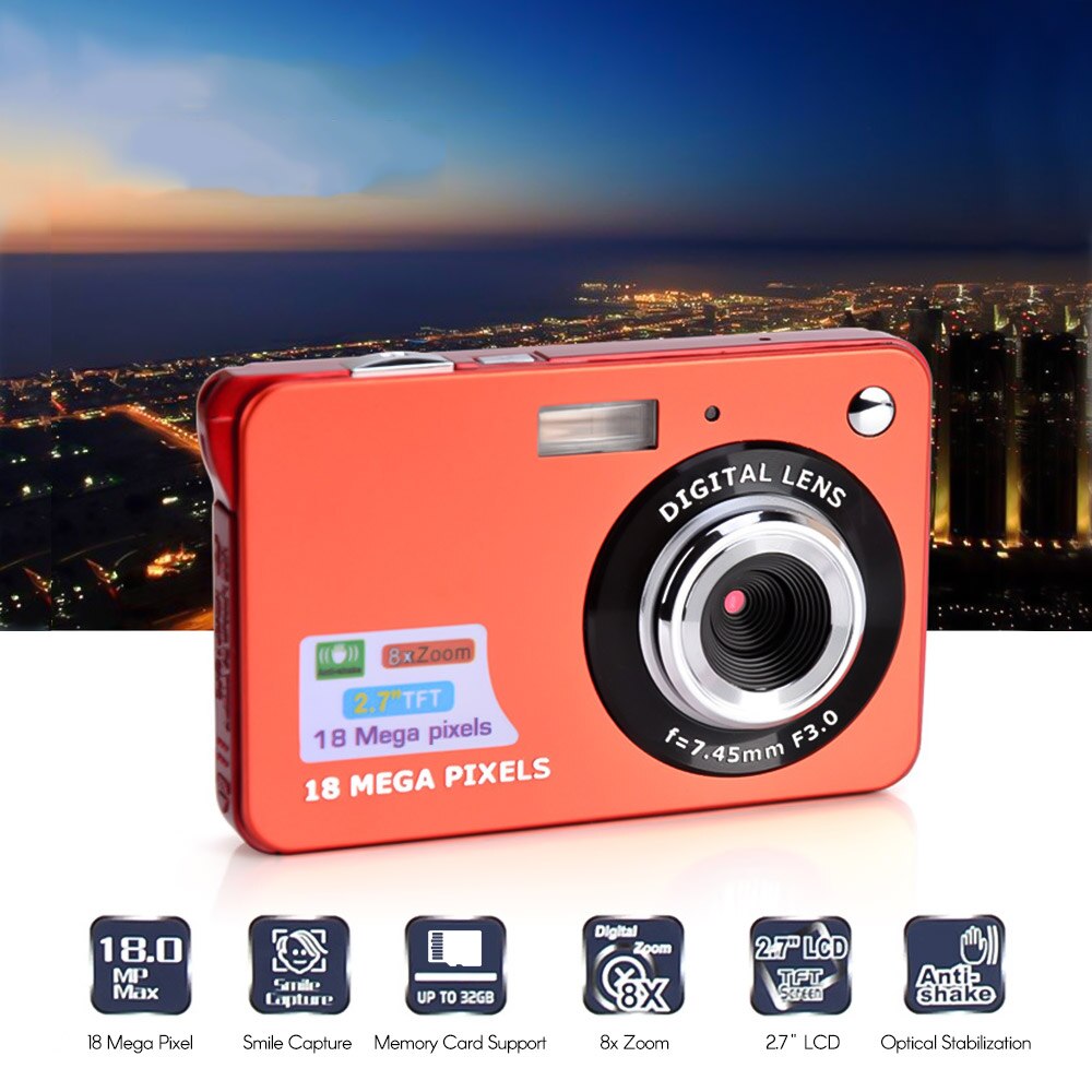 Mini cámara Digital de bolsillo, 18MP, pantalla LCD de 2,7 pulgadas, Zoom 8x, captura de sonrisa, antivibración con batería
