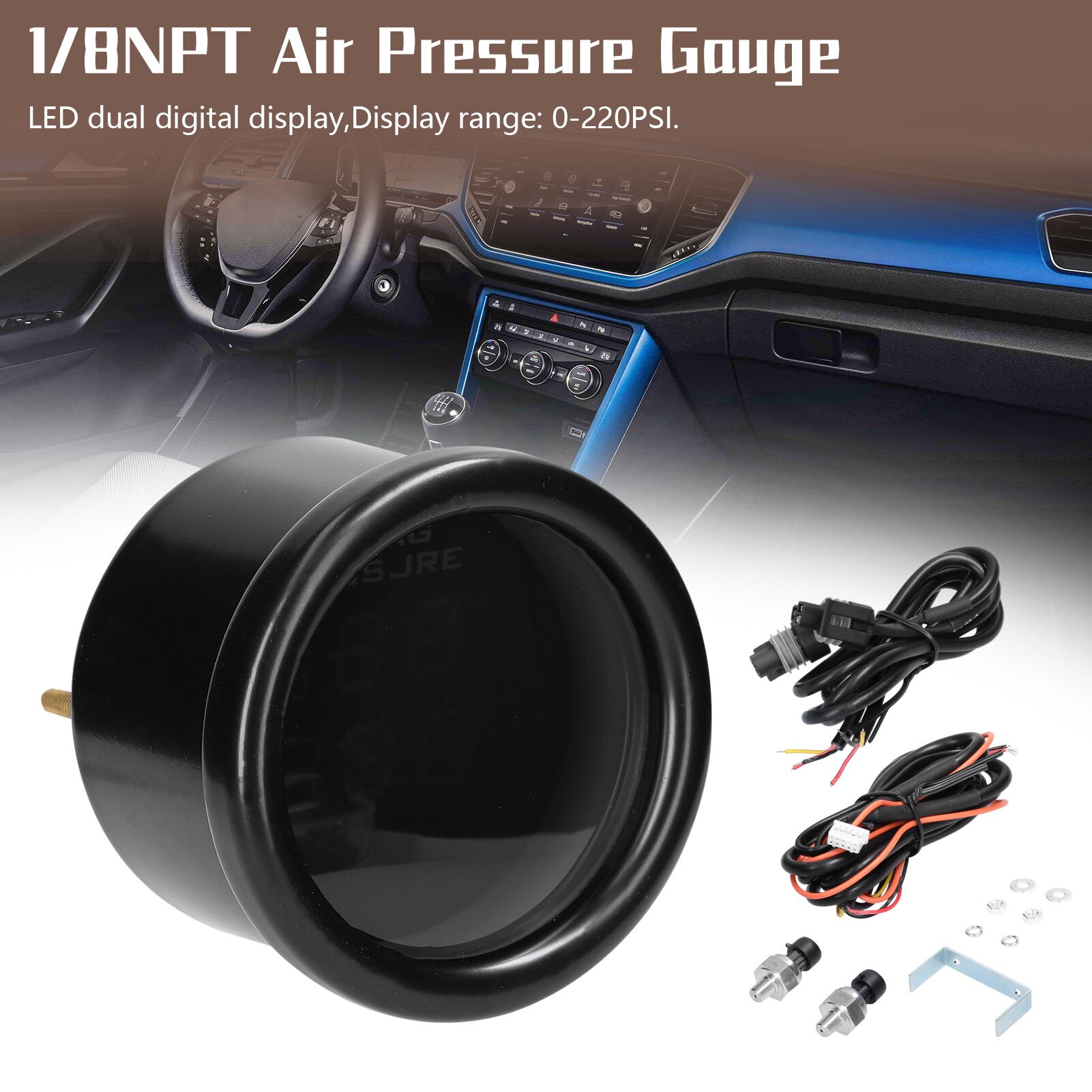 Dual Display Air Pressure Guage with 2pcs 1/8NPT Sensors LED Digital Air Suspension Gauge 0-220PSI