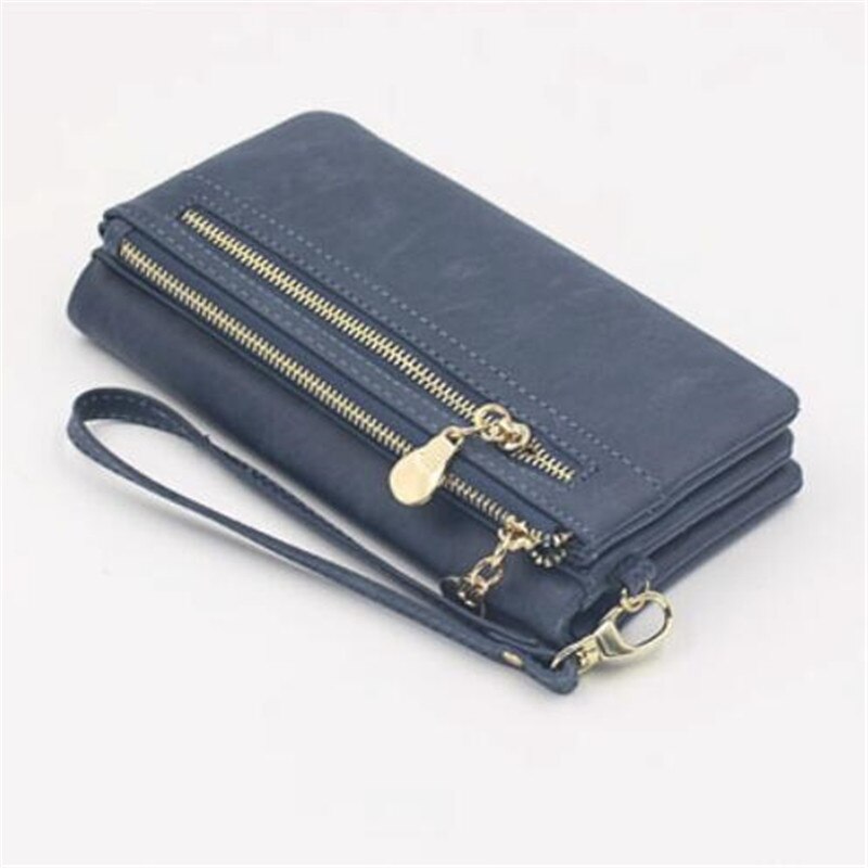 Women Wallets Dull Polish Leather Wallet Double Zipper Day Clutch Purse Wristlet Portefeuille Handbags Carteira Feminina: Blue