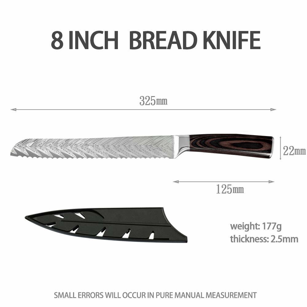 Sowoll 9PCS Kitchen Knives Set Stainless Steel Chef Slicing Bread Cleaver Santoku Utility Paring Knife Wall Knife Storage Tools: K 8 bread knife