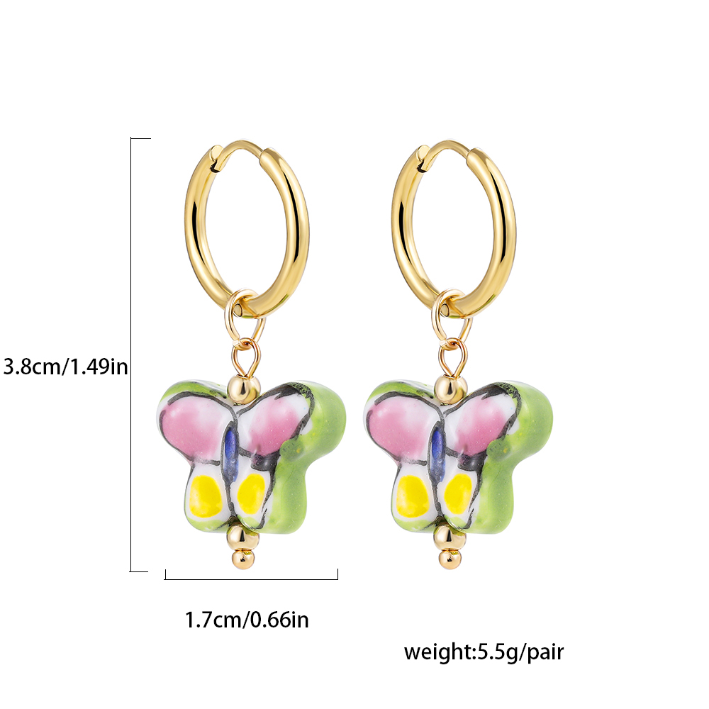 Cuentas de cerámica pintadas con mariposas para mujer, aros de acero inoxidable, círculo pequeño, pendientes encantadores, joyería para 2022