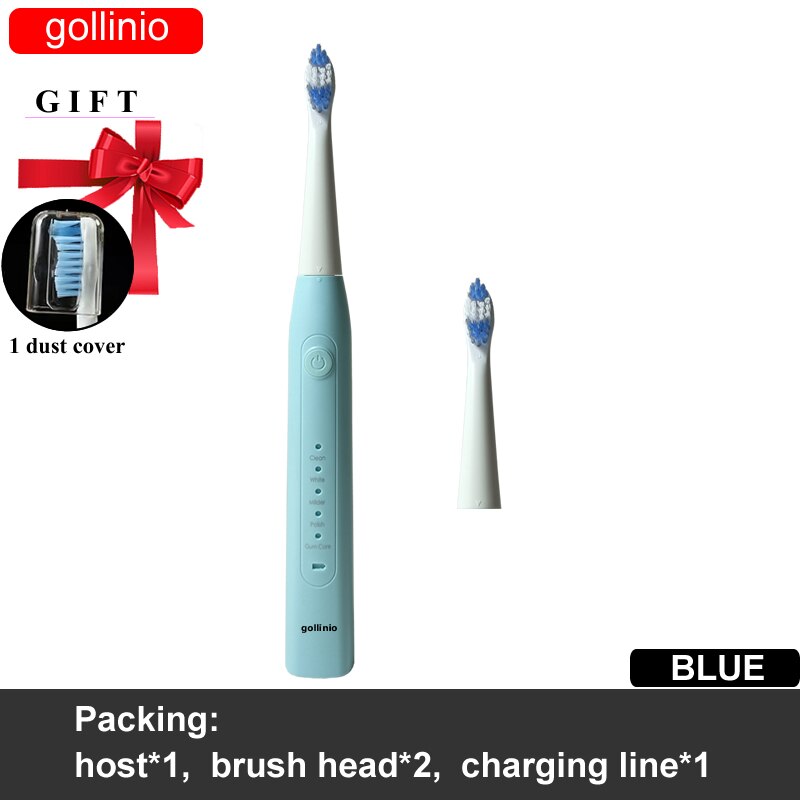 Gollinio Electric Toothbrush usb fast charging GL09F Adult teeth brush Rechargeable smart Replacement Head: GL09BLUE2H