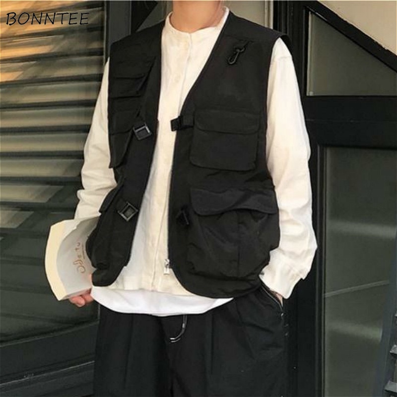 Gilets femmes japon Style Harajuku poches Cargo Chic adolescents sans manches veste rue collège unisexe été dames vêtements d'extérieur
