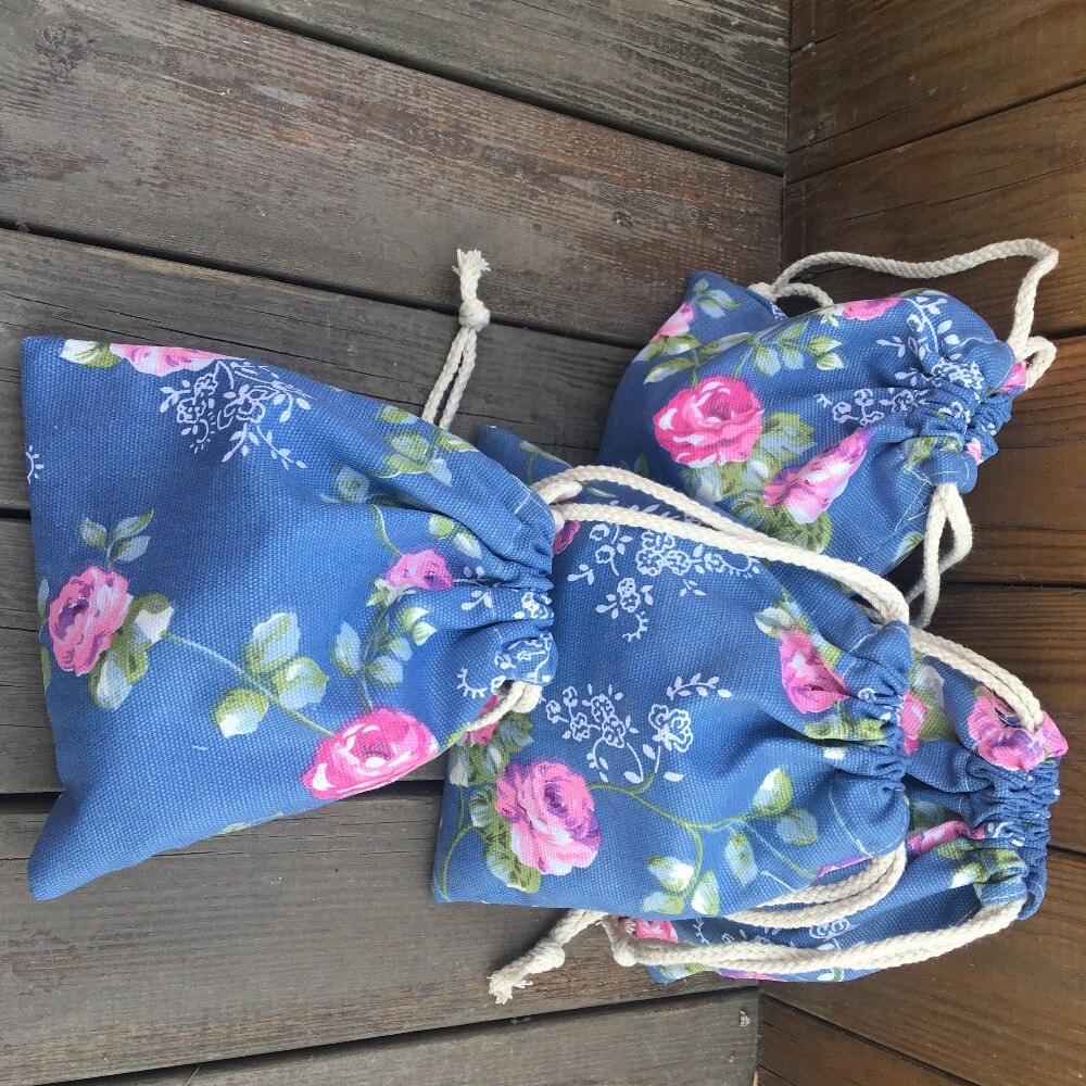 Cotton Canvas Drawstring Organized Pouch Party Bag Rose Flower Blue Base YILE9318c
