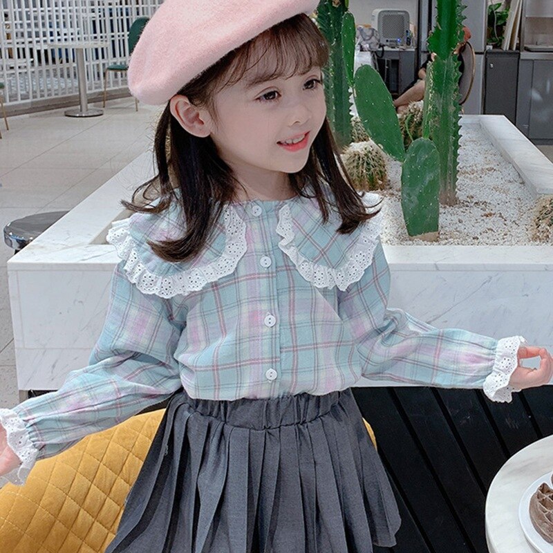 Primavera y otoño bebé recién nacido camiseta de niñas de encaje de cuadros lindo Blusa de algodón de manga larga Top ropa Toddle 1-12M 1-2Y