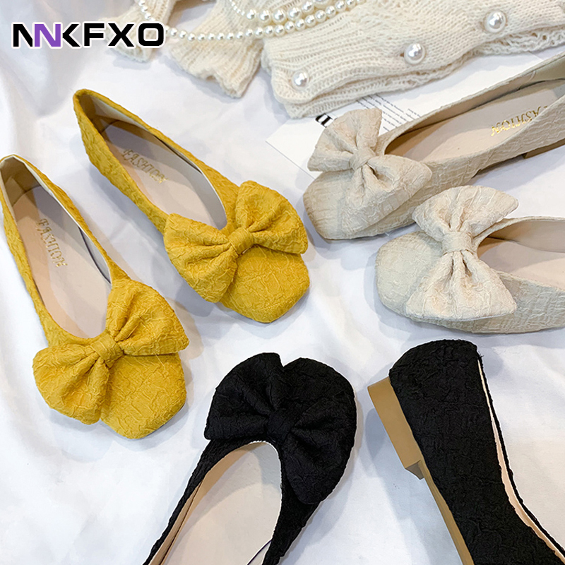 Chaussures plates en cuir avec nœud papillon pour femmes, ballerines de fête à bout carré, taille 35-40, peu profondes, vc2627