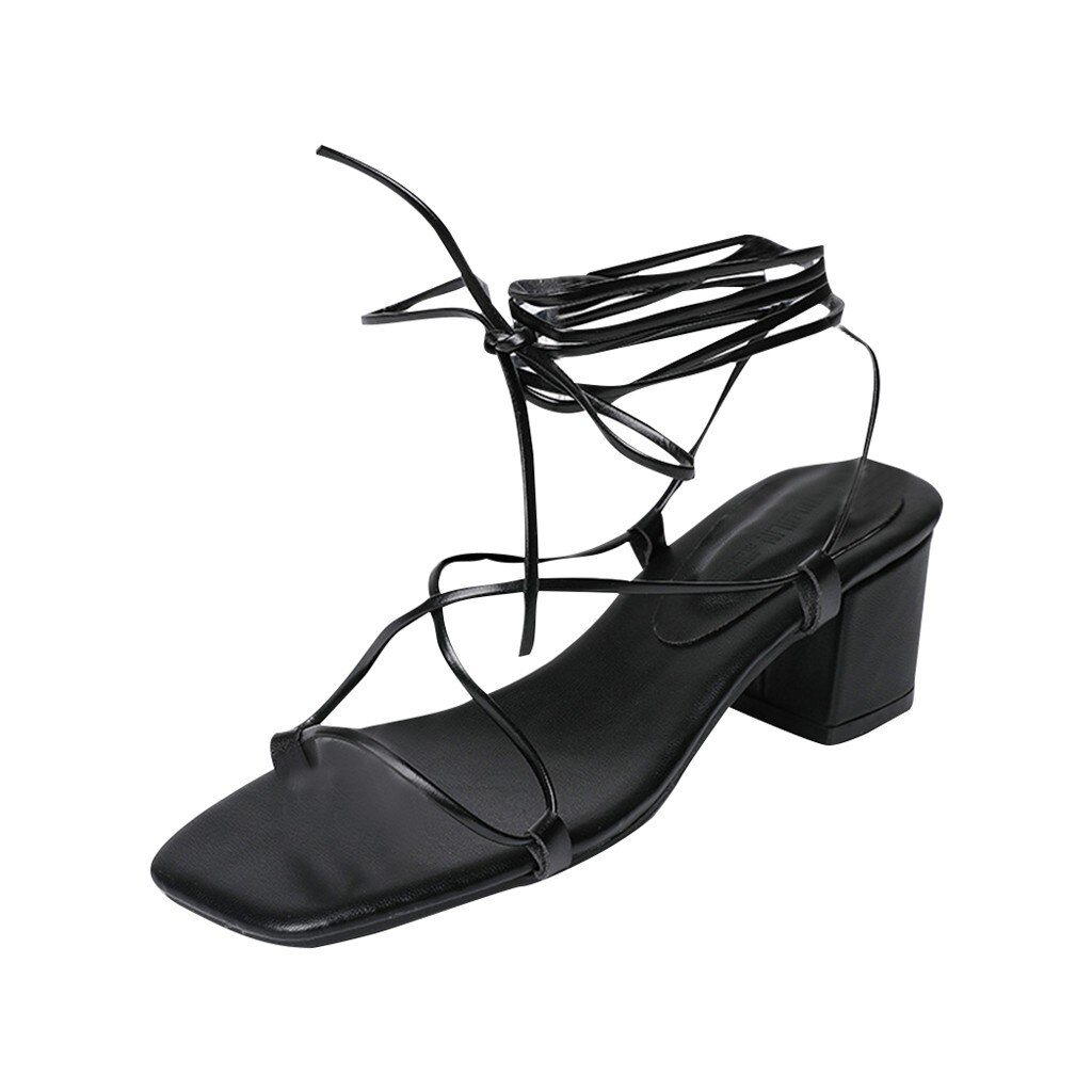 Women Square toe Heels Cross Ankle Strap Tie Tip Toes Sandals Hoof Heels Med Summer Beach Party Shoes Casual Sandals: Black / 38