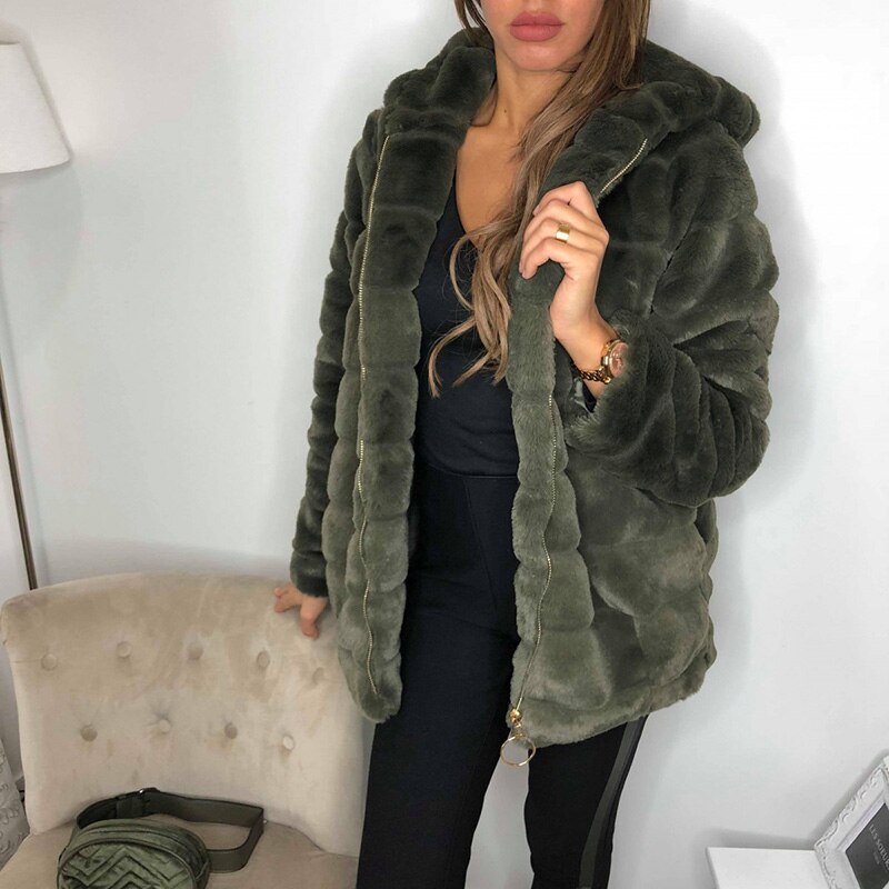 Herfst- en winterjassen van imitatiebont voor dames, warme jassen met lange mouwen en capuchon, damesjassen van fluweel, damesjassen: Legergroen / Xxxl